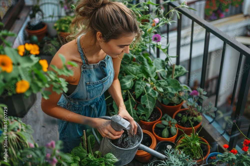 Woman watering plants on balcony Woman watering plants on balcony