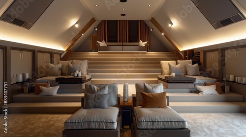 Suburban Contemporary attic conversion featuring a home cinema with tiered seating and surround sound photo