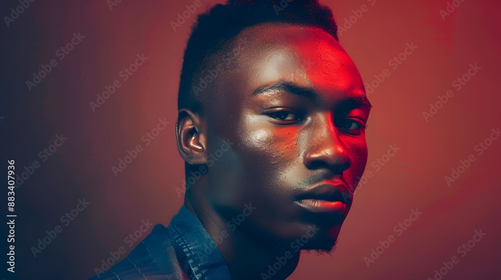 The retro wave or synth wave portrait of a young happy serious african man at studio. High Fashion male model in colorful bright neon lights posing on black background. Art design concept. The retro wave or synth wave portrait of a young happy serious african man at studio. High Fashion male model in colorful bright neon lights posing on black background. Art design concept.