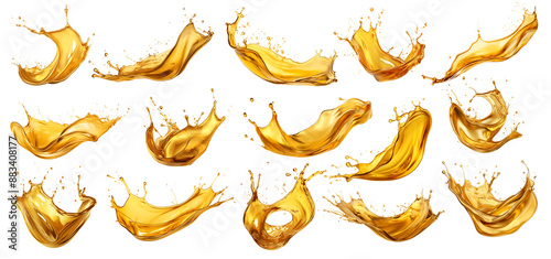 set collection of golden transparent olive or oil splash isolated white background. liquid gold cosmetics and food industrie concept.