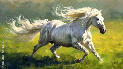  In the expansive green pasture, a magnificent white stallion gallops freely, its mane flowing like a banner of freedom in the wind.  
