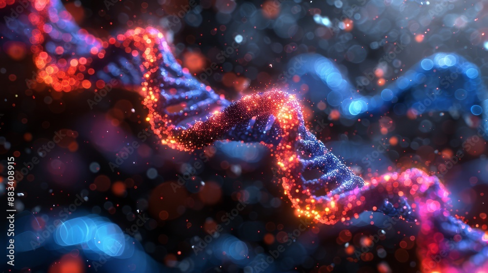 Glowing DNA strand showcased with stunning bokeh light effects and high detail, suitable for science visuals. Glowing DNA strand showcased with stunning bokeh light effects and high detail, suitable for science visuals.