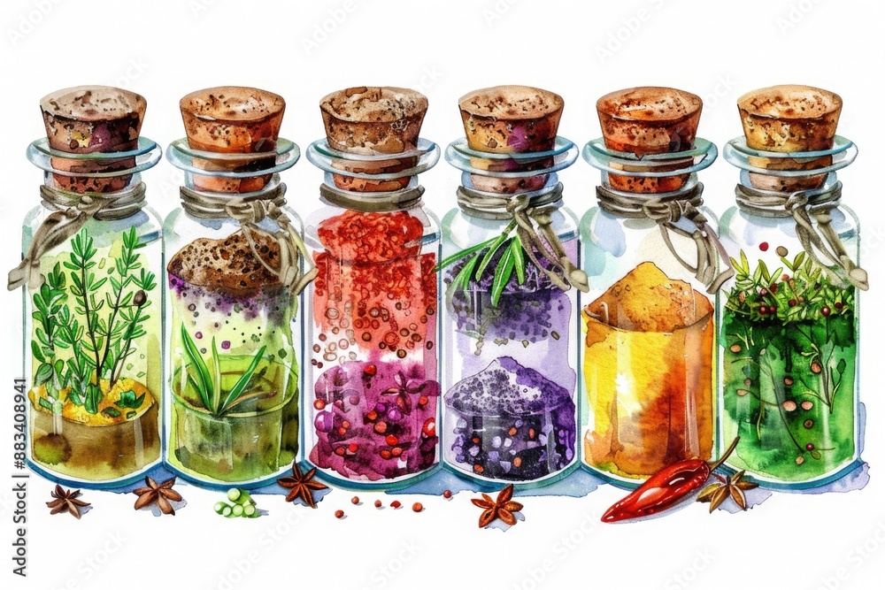Rustic Spice Collection. Hand-Drawn Watercolor Illustration of Flavorful Herbs and Seasonings in Wooden Jars Rustic Spice Collection. Hand-Drawn Watercolor Illustration of Flavorful Herbs and Seasonings in Wooden Jars