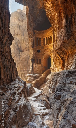 a narrow path in a canyon with a building in the background