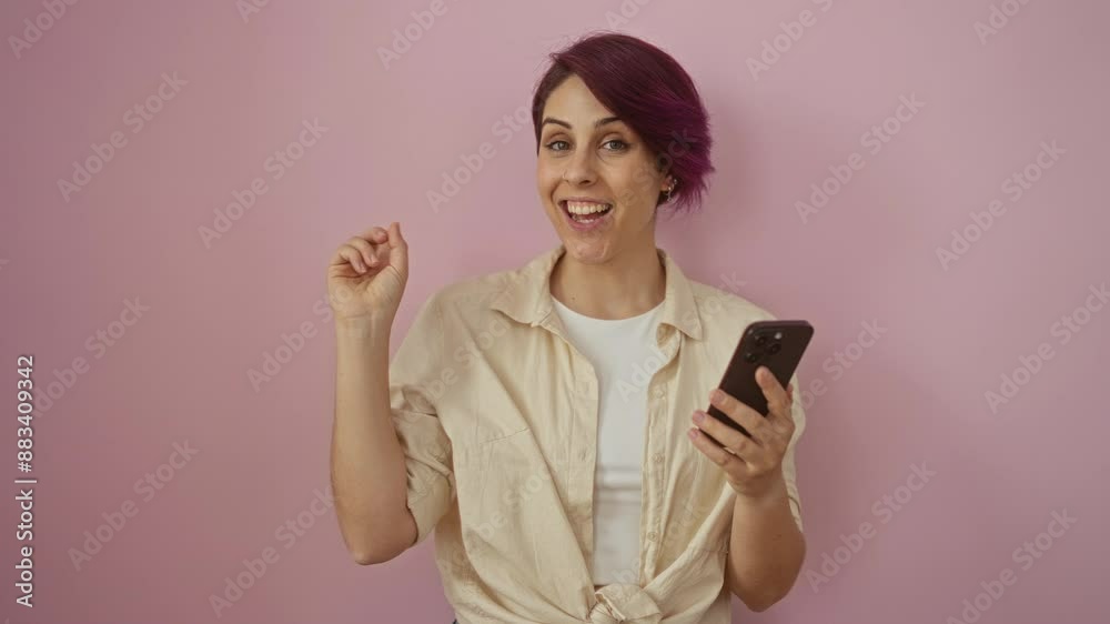 Young caucasian woman smiling happily while pointing to the side with one finger and holding a smartphone over an isolated pink background Young caucasian woman smiling happily while pointing to the side with one finger and holding a smartphone over an isolated pink background