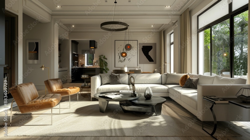 Immerse yourself in the elegance of a contemporary modern living room featuring stylish interior design elements such as clean aesthetics, curated furniture, and sophisticated decor. 