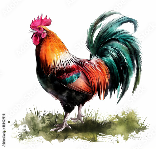 illustration of a rooster, oil painting, white background