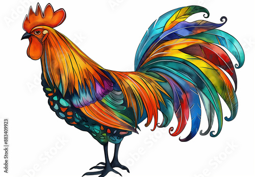 illustration of a rooster, oil painting, white background
