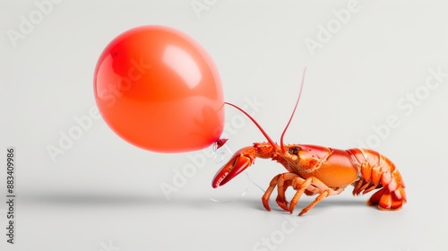 A whimsical image of a lobster grasping a red balloon with its claws, set against a clean white background. This playful composition brings sea life and fun together. photo