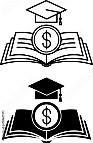 Icons Educational Cost. Black and White Vector Icons. Open Book, Graduation Hat, and Dollar Coin. Tuition fees at the University and college. Education Concept