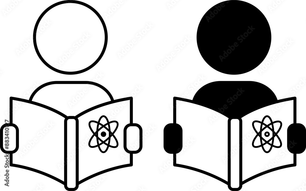 Icons Study. Black and White Vector Icons of Person with Physics Textbook. Studying the Subject at School. Education Concept Icons Study. Black and White Vector Icons of Person with Physics Textbook. Studying the Subject at School. Education Concept