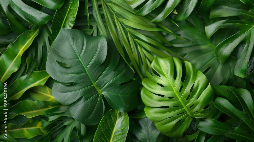 Obraz premium An assortment of vibrant green tropical leaves arranged in a dense pattern, showcasing the rich diversity and lush beauty of rainforest vegetation with striking textures and shapes.