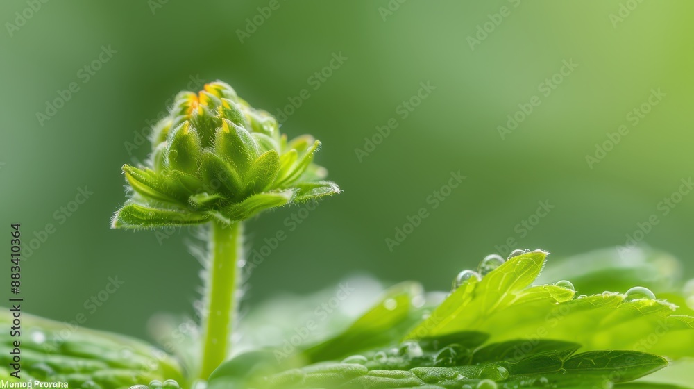 A close-up image capturing a green flower bud on the verge of blossoming, surrounded by lush green foliage covered in dew droplets, symbolizing new life and freshness. A close-up image capturing a green flower bud on the verge of blossoming, surrounded by lush green foliage covered in dew droplets, symbolizing new life and freshness.