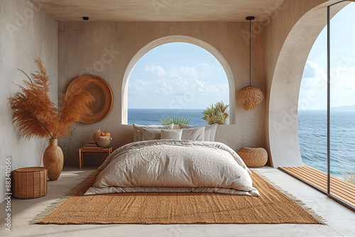 Modern bedroom with boho interior design showcasing a bed adorned with beige bedding set against a spacious panoramic window overlooking the sea