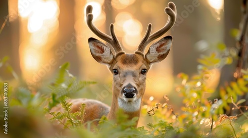 Emanating tranquility, a deer with antlers rests amidst lush greenery during sunset, embodying the poetic stillness and serene beauty of the natural world. photo