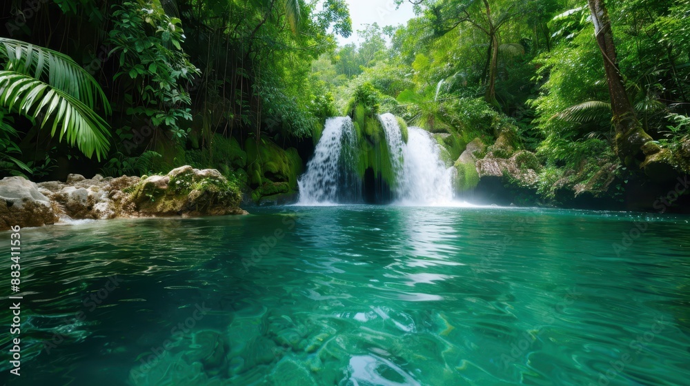 A stunning scene featuring a dual waterfall amidst dense tropical jungle scenery, creating an enchanting view characterized by its lush greenery and flowing water. A stunning scene featuring a dual waterfall amidst dense tropical jungle scenery, creating an enchanting view characterized by its lush greenery and flowing water.