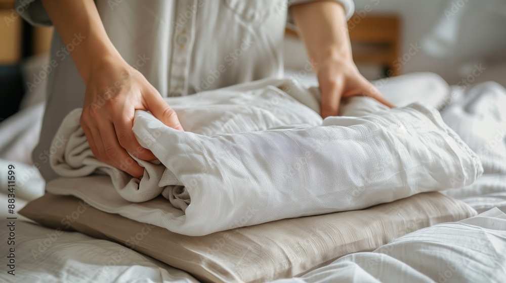 A person neatly folds clean white linens on a bed, depicting a calm and organized homemaking moment. A person neatly folds clean white linens on a bed, depicting a calm and organized homemaking moment.