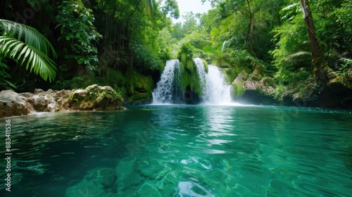 A stunning scene featuring a dual waterfall amidst dense tropical jungle scenery, creating an enchanting view characterized by its lush greenery and flowing water.