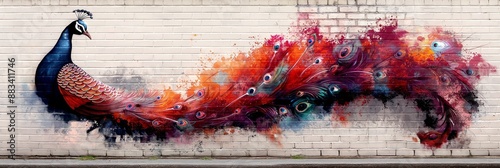 Colorful Peacock Graffiti on Brick Wall