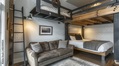 Immerse yourself in the modern elegance of a compact loft studio with a living room featuring a comfortable couch situated beneath a lofted bed accessible by a ladder. 