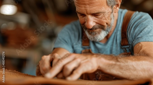 A close-up shot of hands diligently working on a piece of leather, indicating the meticulous and skillful nature required in leather crafting and its artistry.