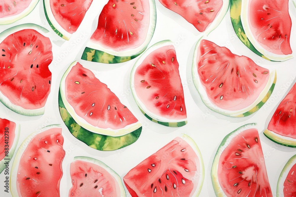 Vibrant Watermelon Slices on White Background. Ripe Summer Fruits in Watercolor Illustration