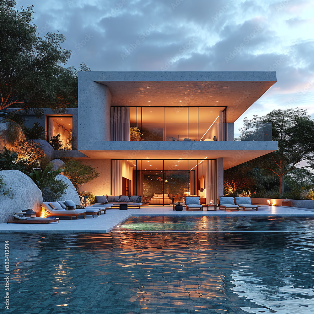 Naklejka premium Exterior photo of modern and luxury minimalist cubic villa with big outdoor swimming pool with sea view in background