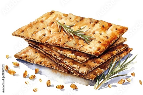 Watercolor Chestnut Crispbread Set. Hand-drawn Illustration of Healthy Vegan Snack for Breakfast or Lunch photo