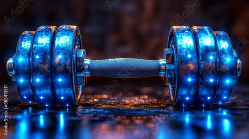 Glowing Dumbbell on Wet Floor