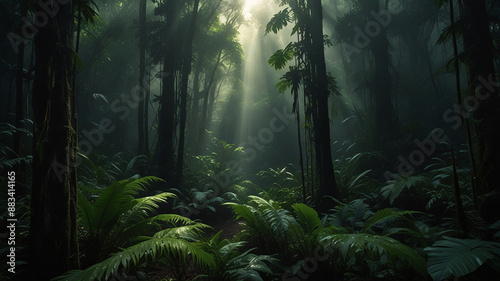 Dark rainforest  sun rays through the trees  rich jungle greenery. Atmospheric fantasy forest. Deep tropical forest in darkness
