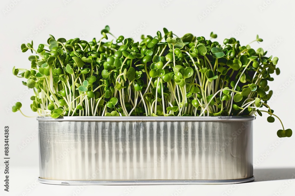 Fototapeta premium The sprouts are emerging from a tin can against a white backdrop