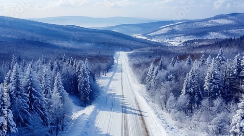 Drone shot of winter road in the forest.