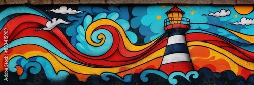 Vibrant Lighthouse Mural with Swirling Waves and Bright Colors