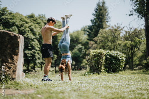 Young couple practicing a handstand exercise in a grassy park, focusing on strength and balance during their outdoor fitness routine. photo