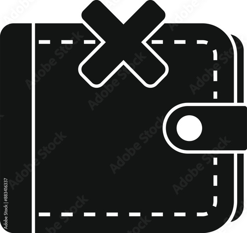 Black silhouette icon of a closed leather wallet with a cross mark, representing lack of funds or financial difficulties