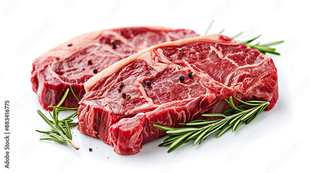Fototapeta premium Deliciously juicy sliced beef ribeye fresh steak, isolated on white background, close up, top view