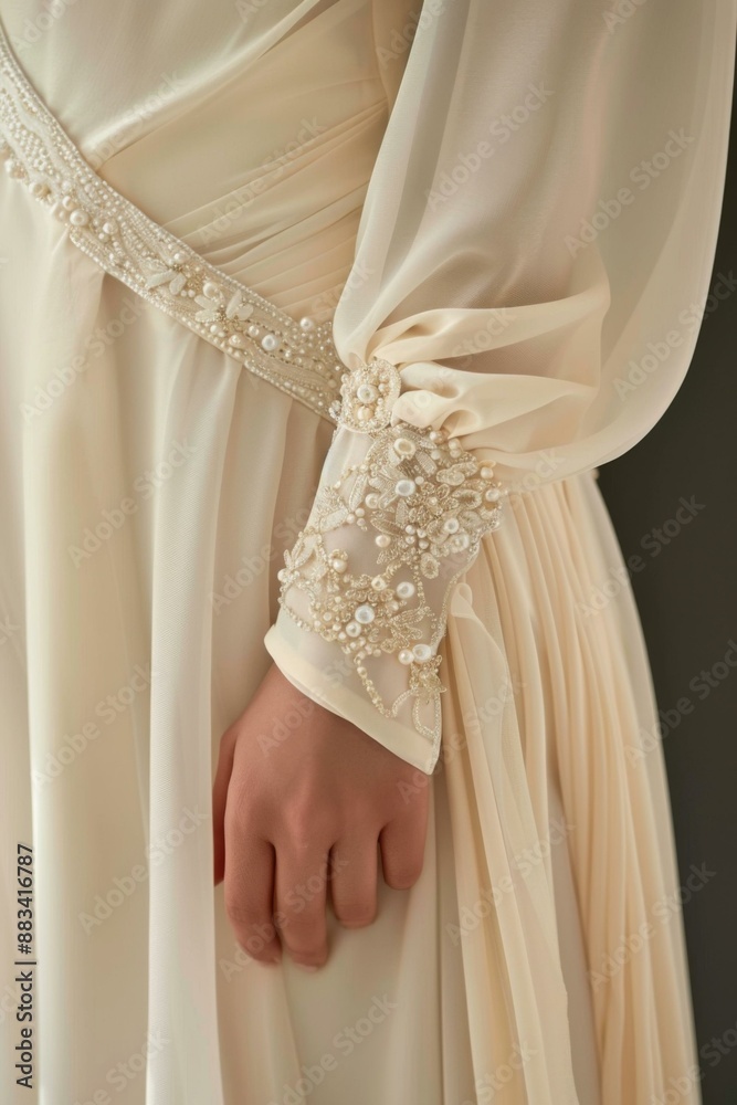 A close up of a woman's hands in her wedding dress. AI. A close up of a woman's hands in her wedding dress. AI.