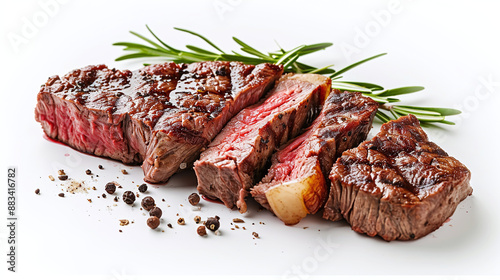 Deliciously juicy sliced beef ribeye steak, isolated on white background, close up, top view