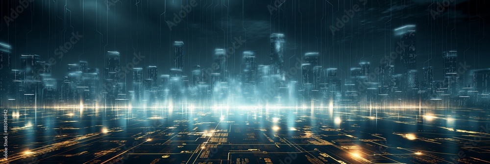 Fototapeta premium Futuristic Skyline with Blue Digital Lights