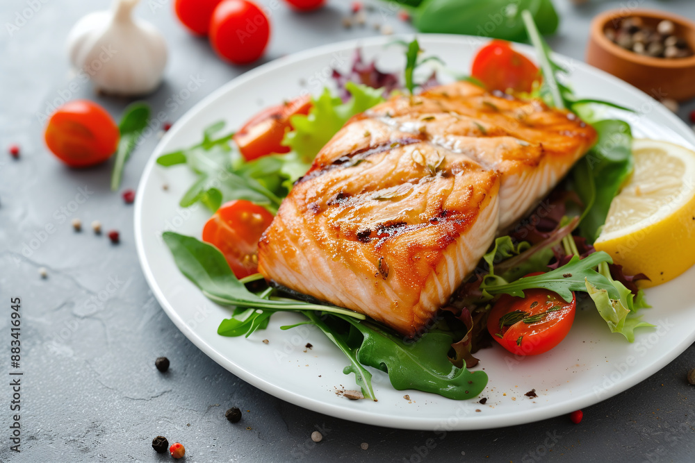 Cooked salmon served in plate decorated with salad. Close up Cooked salmon served in plate decorated with salad. Close up