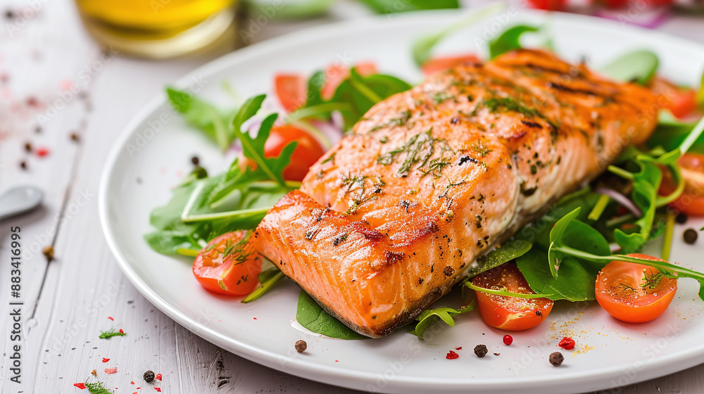 Cooked salmon served in plate decorated with salad. Close up Cooked salmon served in plate decorated with salad. Close up