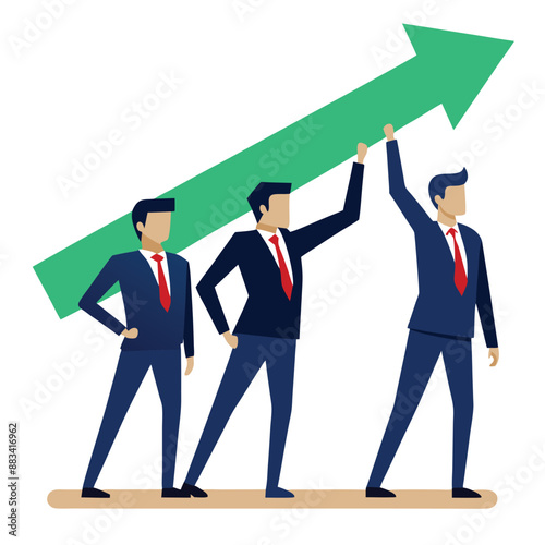 Three businessmen in suits holding up green arrow, assistance togetherness support unity