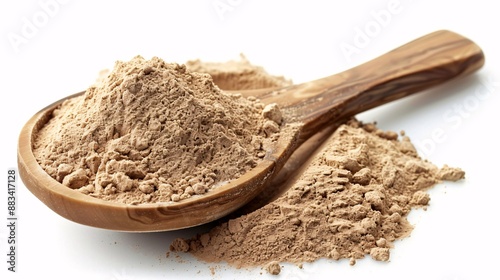 organic acacia fiber powder with wooden spoon isolated on white background.

