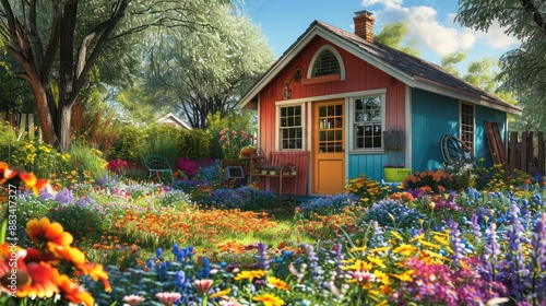 The cottage-style potting shed in the backyard of a Suburban Colonial home, painted in cheerful colors and surrounded by a wildflower garden