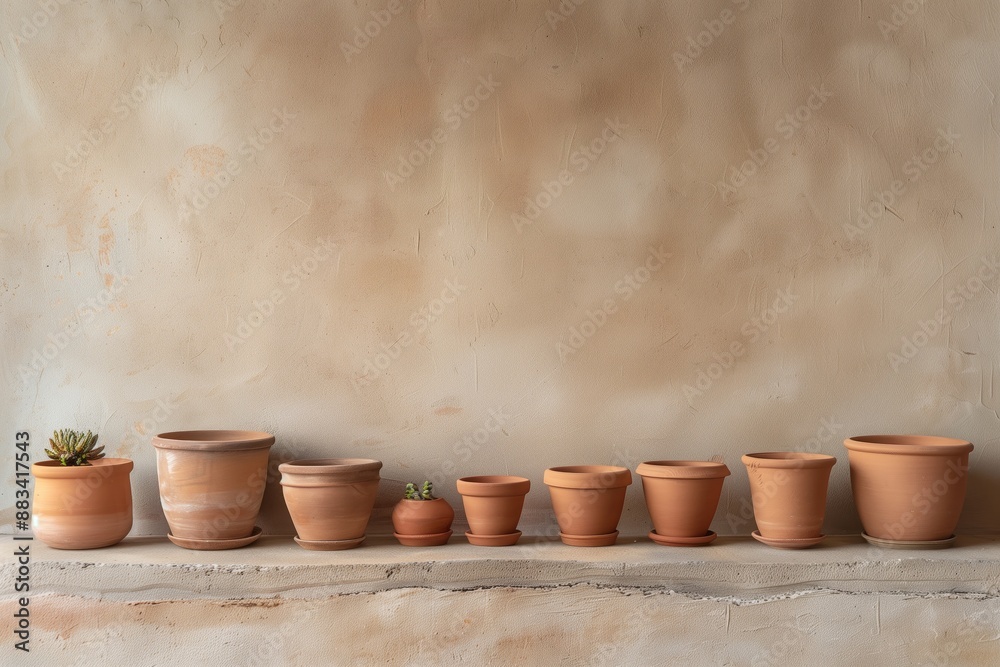 A variety of empty terracotta pots of different sizes arranged in a line on a rustic shelf. A variety of empty terracotta pots of different sizes arranged in a line on a rustic shelf.
