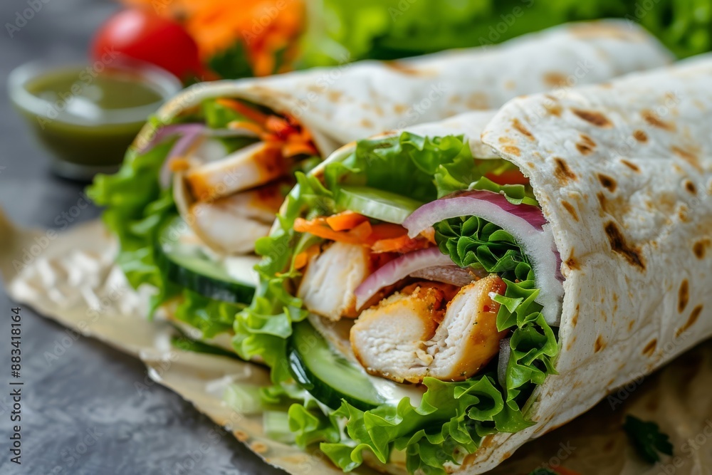 A delicious chicken shawarma wrap filled with fresh veggies, a perfect choice for a tasty and satisfying meal A delicious chicken shawarma wrap filled with fresh veggies, a perfect choice for a tasty and satisfying meal