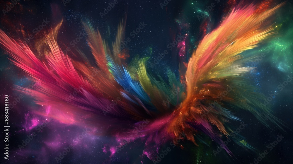 Colorful abstract cosmic scene with vibrant, sweeping streaks of light and vivid particle effects creating the appearance of a cosmic explosion. Colorful abstract cosmic scene with vibrant, sweeping streaks of light and vivid particle effects creating the appearance of a cosmic explosion.