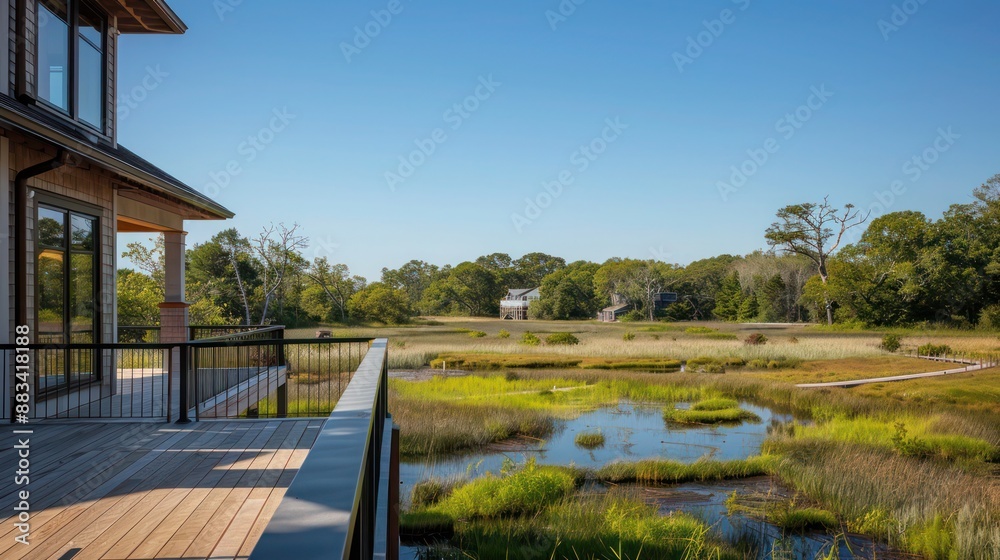 The custom-built, elevated walkways in the backyard of a Suburban Cape Cod home, providing views over a restored native wetland area The custom-built, elevated walkways in the backyard of a Suburban Cape Cod home, providing views over a restored native wetland area