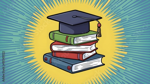A colorful cartoon for International Youth Day featuring a stack of books with a graduation cap on top, symbolizing the importance of education.