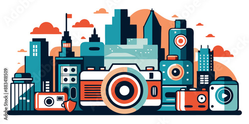 World Photography Day vector illustration. Skyline with a mixture of modern and vintage cameras
